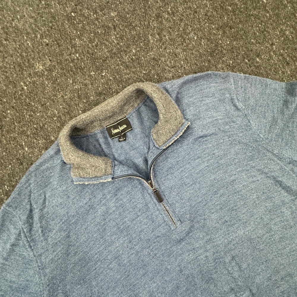 Neiman Marcus Sweater Mens Large Blue Merino Wool 1/4 Zip Italy Burrs Mock Neck
